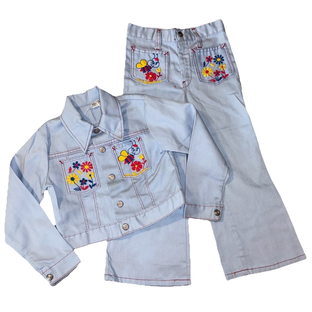 Vintage 70's Montgomery Ward Denim Jacket Set Hippie Flare Embroidered 4T-5T